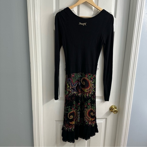 Desigual Dress Long Sleeve Sweater Black Knit Knee Length Size Extra Small - Picture 3 of 6